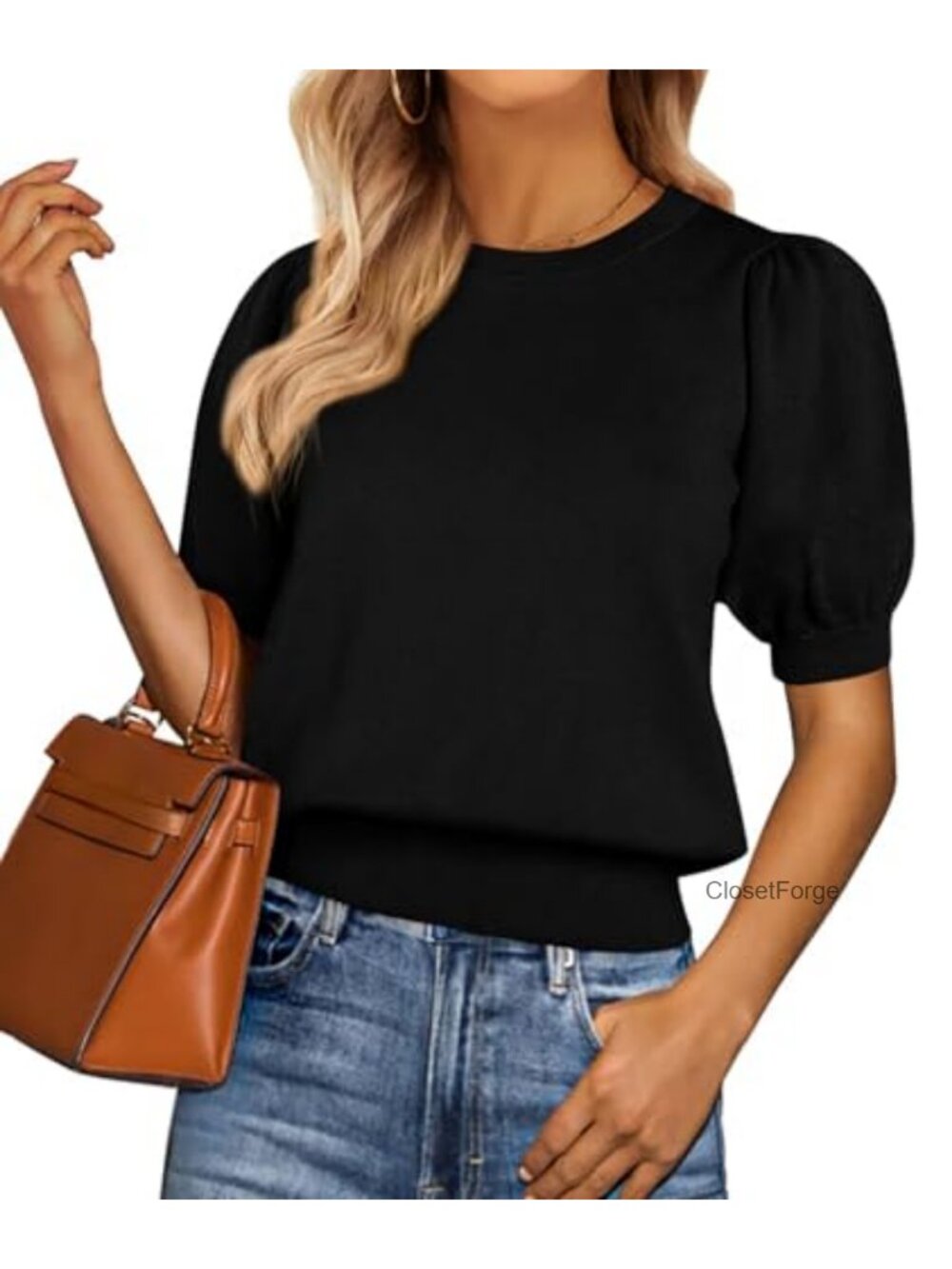 Puff Short Sleeve Sweater Women Crew Neck Lightweight Knit
